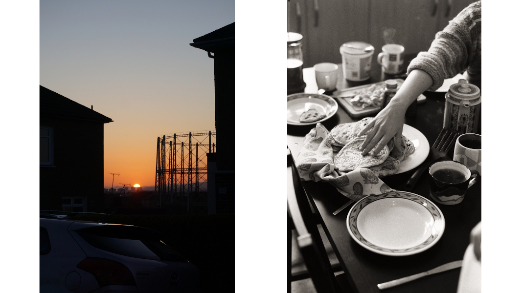 2 portrait photos, 1 of the sun half set between houses, and one in black and white of a hand reaching to a pancake.