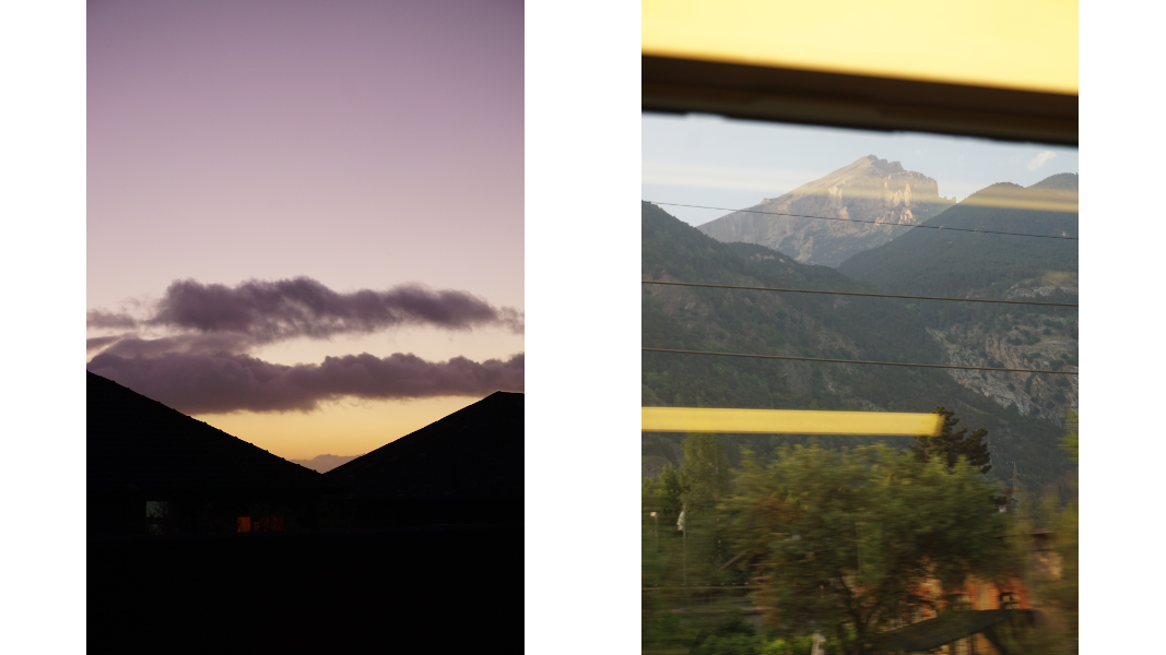 2 photos, one of purple clouds against a yellow sunset with silhouetted roofs in the foreground, and one of the alps from inside a train, the carriage lights reflected in the window.