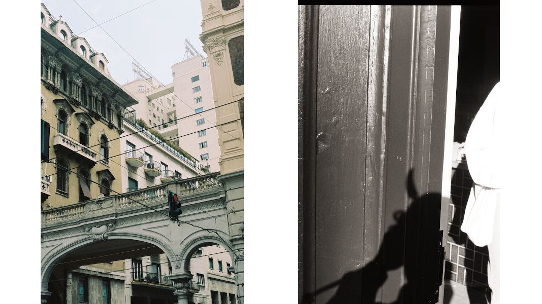 2 photos, one of a view upwards towards a bridge and old and modern italian buildings with arches and wires crossing the street, and one of storms shadow against a door frame where they are wearing devil horns
