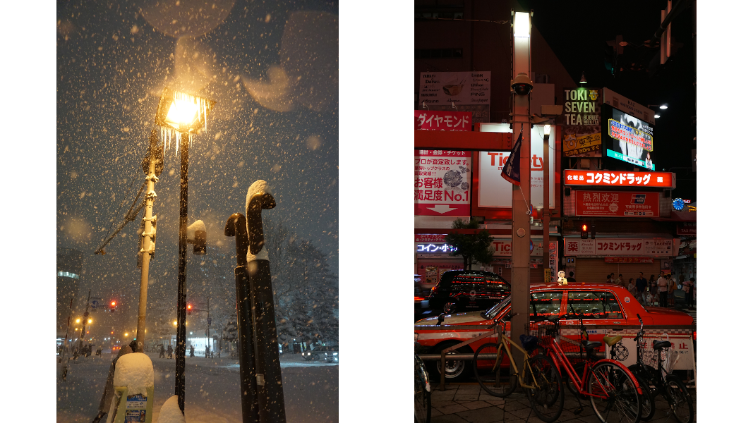 2 photos, one of a streetlight in sapporo in a snowstorm surrounded by a foot of snow, and one of red tokyo shop lights and a red taxi in the foreground.